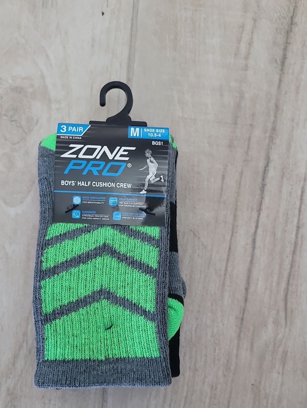 Zone Pro Boys' Athletic Crew Socks in Green and Gray - 3 Pack